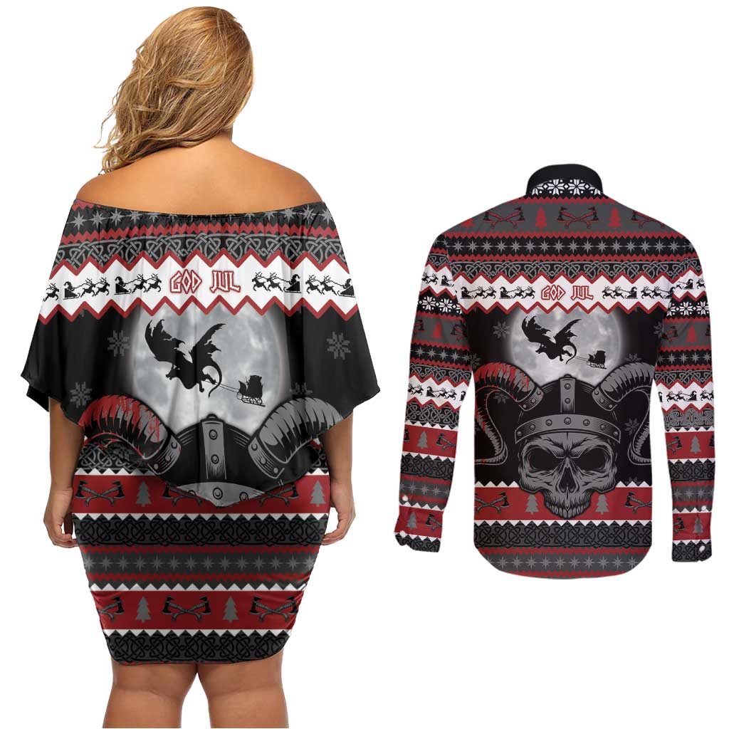 Vikings Christmas Couples Matching Off Shoulder Short Dress and Long Sleeve Button Shirt Fa La La La Fus Ro Dah - Wonder Print Shop