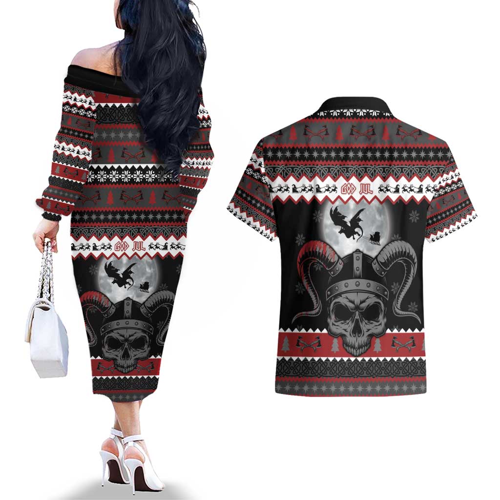 Vikings Christmas Couples Matching Off The Shoulder Long Sleeve Dress and Hawaiian Shirt Fa La La La Fus Ro Dah - Wonder Print Shop