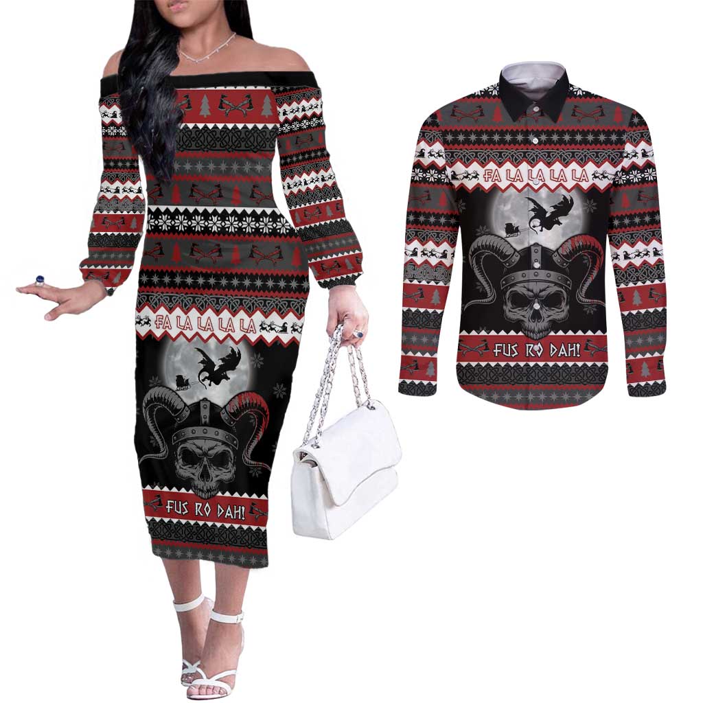 Vikings Christmas Couples Matching Off The Shoulder Long Sleeve Dress and Long Sleeve Button Shirt Fa La La La Fus Ro Dah - Wonder Print Shop