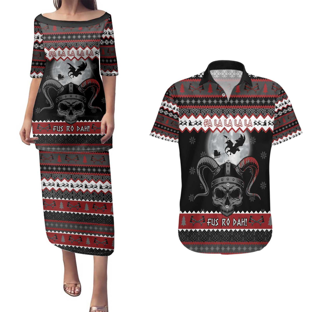 Vikings Christmas Couples Matching Puletasi and Hawaiian Shirt Fa La La La Fus Ro Dah - Wonder Print Shop