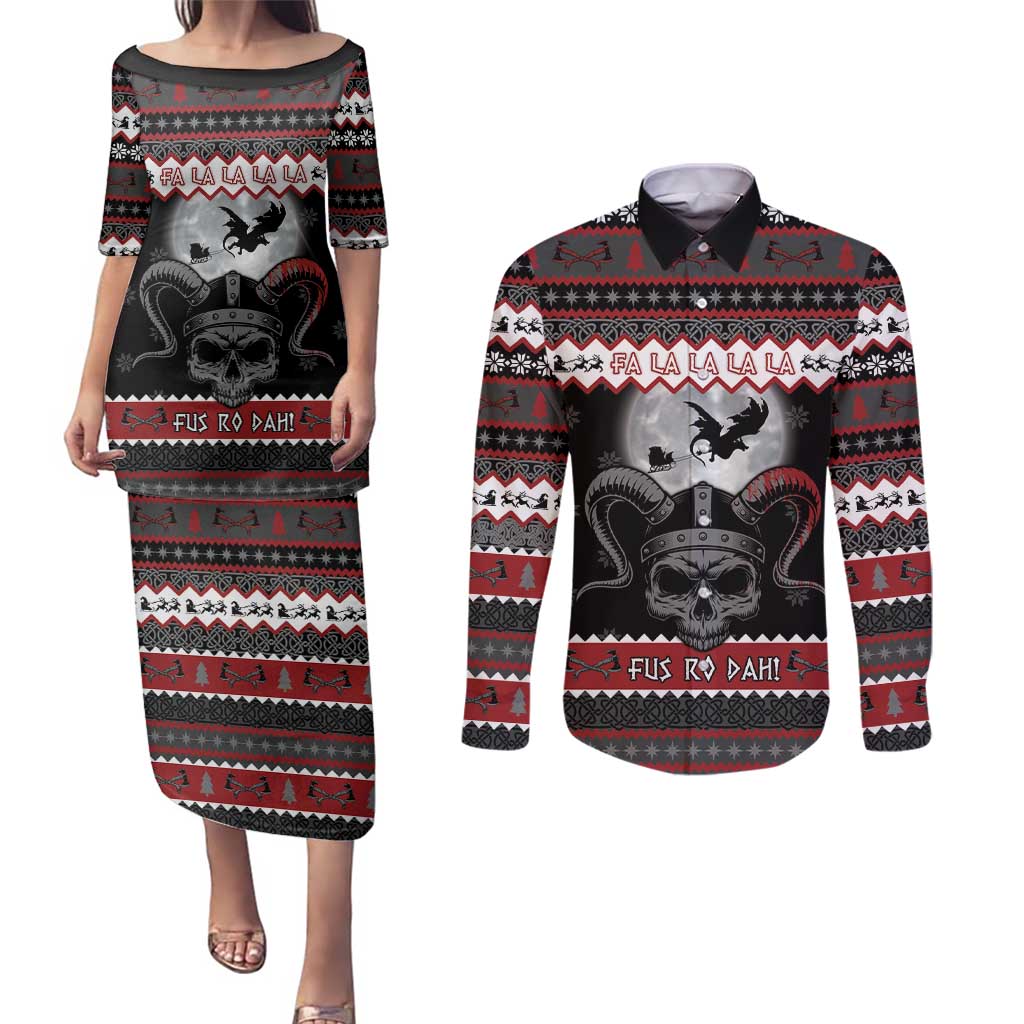 Vikings Christmas Couples Matching Puletasi and Long Sleeve Button Shirt Fa La La La Fus Ro Dah - Wonder Print Shop