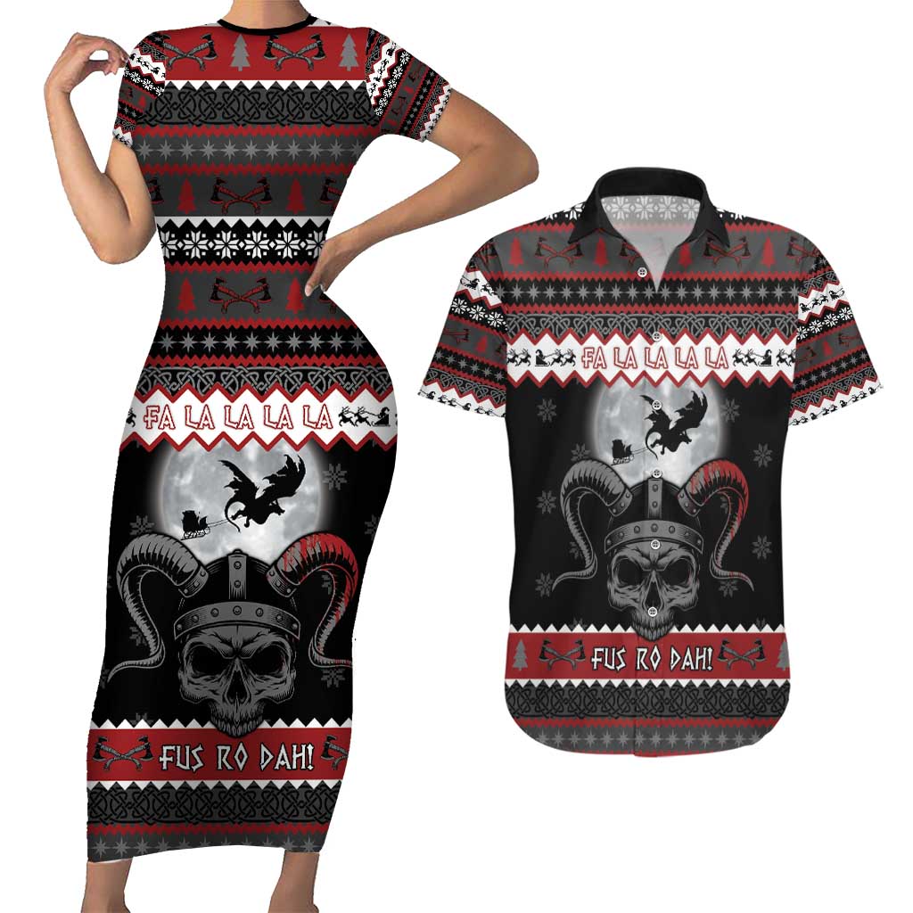 Vikings Christmas Couples Matching Short Sleeve Bodycon Dress and Hawaiian Shirt Fa La La La Fus Ro Dah - Wonder Print Shop