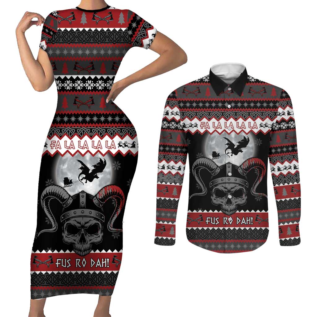 Vikings Christmas Couples Matching Short Sleeve Bodycon Dress and Long Sleeve Button Shirt Fa La La La Fus Ro Dah - Wonder Print Shop
