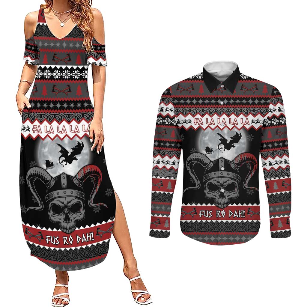 Vikings Christmas Couples Matching Summer Maxi Dress and Long Sleeve Button Shirt Fa La La La Fus Ro Dah - Wonder Print Shop