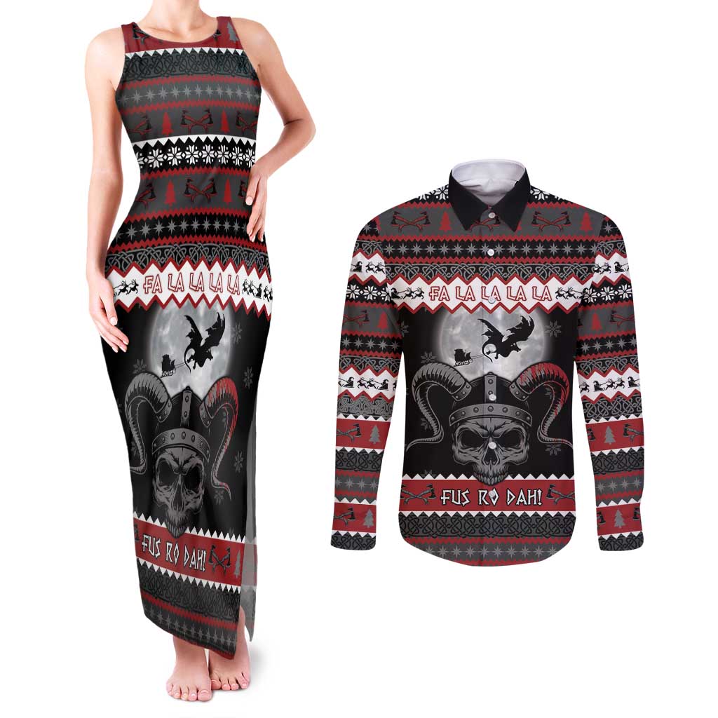 Vikings Christmas Couples Matching Tank Maxi Dress and Long Sleeve Button Shirt Fa La La La Fus Ro Dah - Wonder Print Shop