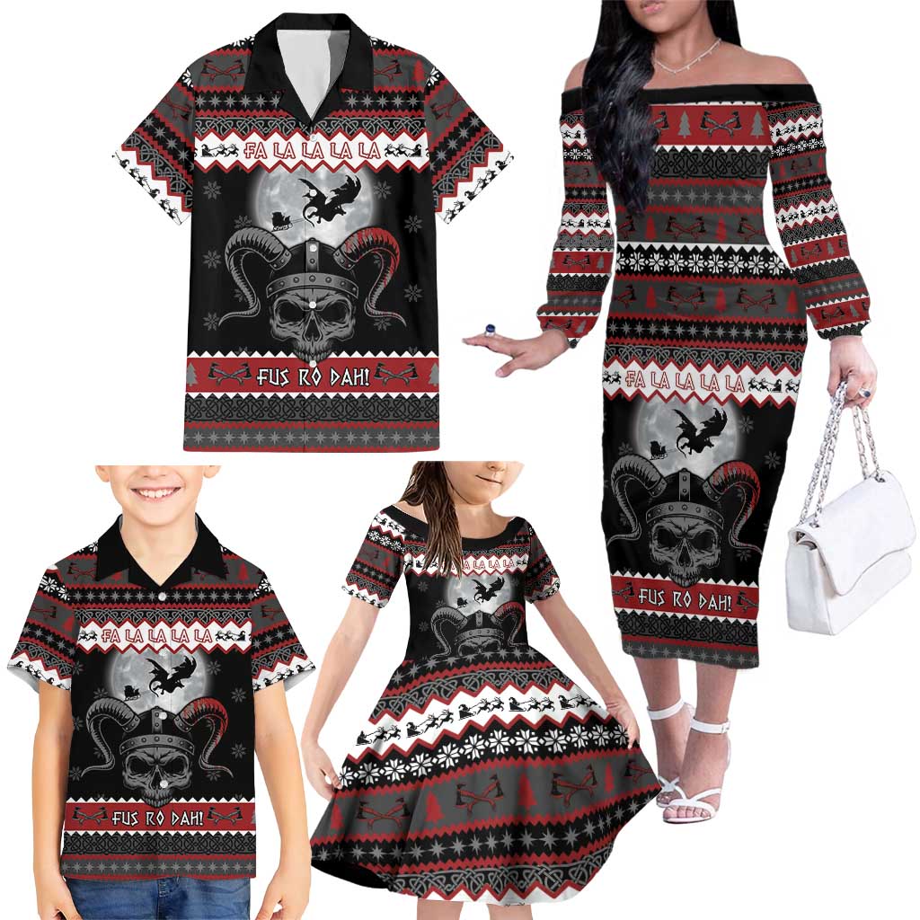 Vikings Christmas Family Matching Off The Shoulder Long Sleeve Dress and Hawaiian Shirt Fa La La La Fus Ro Dah - Wonder Print Shop