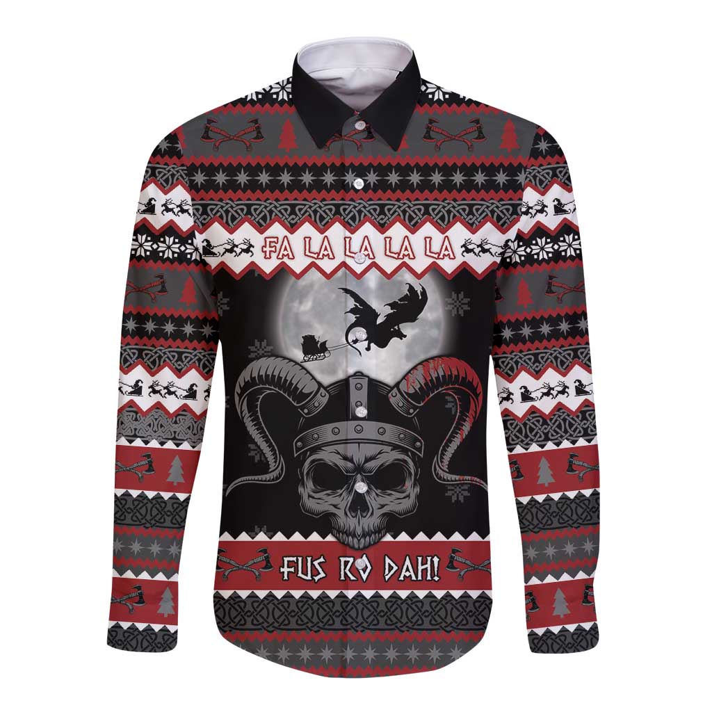 Vikings Christmas Long Sleeve Button Shirt Fa La La La Fus Ro Dah - Wonder Print Shop