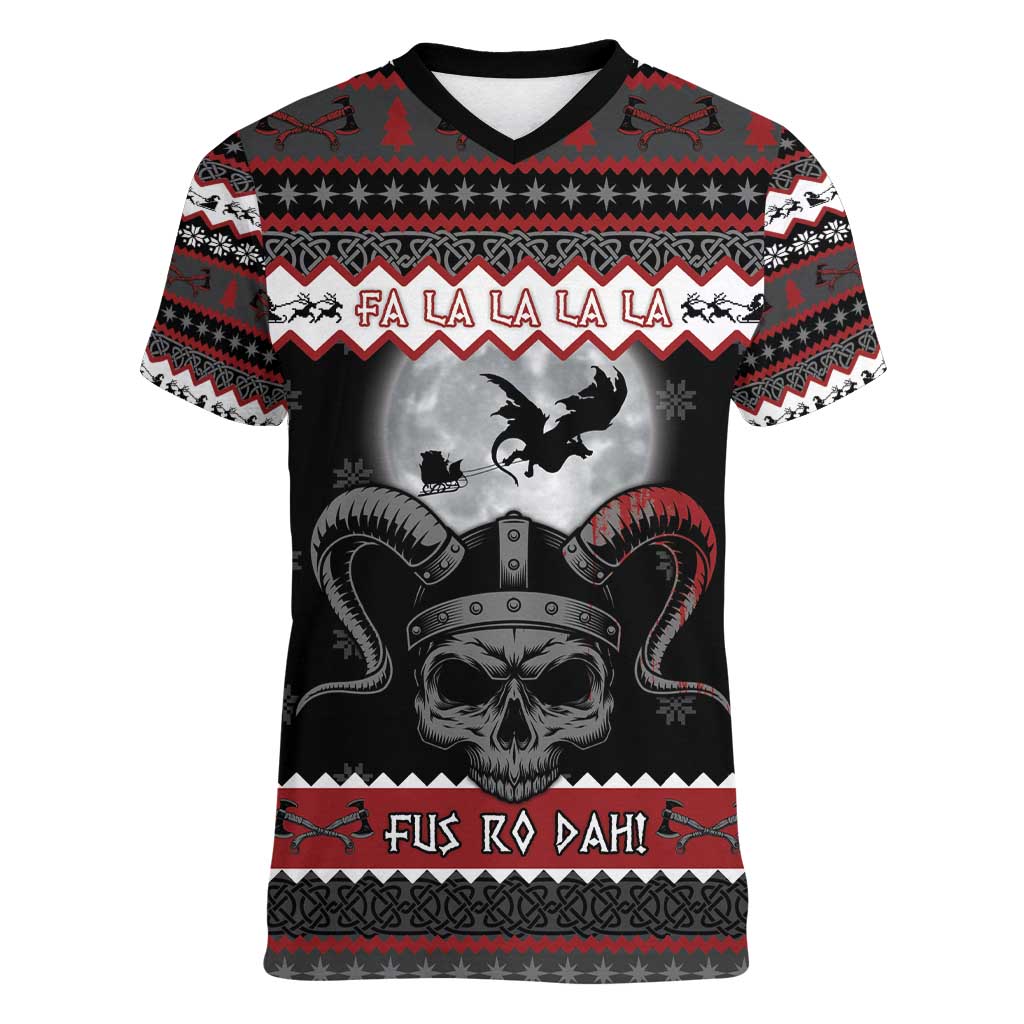 Vikings Christmas Women V-Neck T-Shirt Fa La La La Fus Ro Dah - Wonder Print Shop