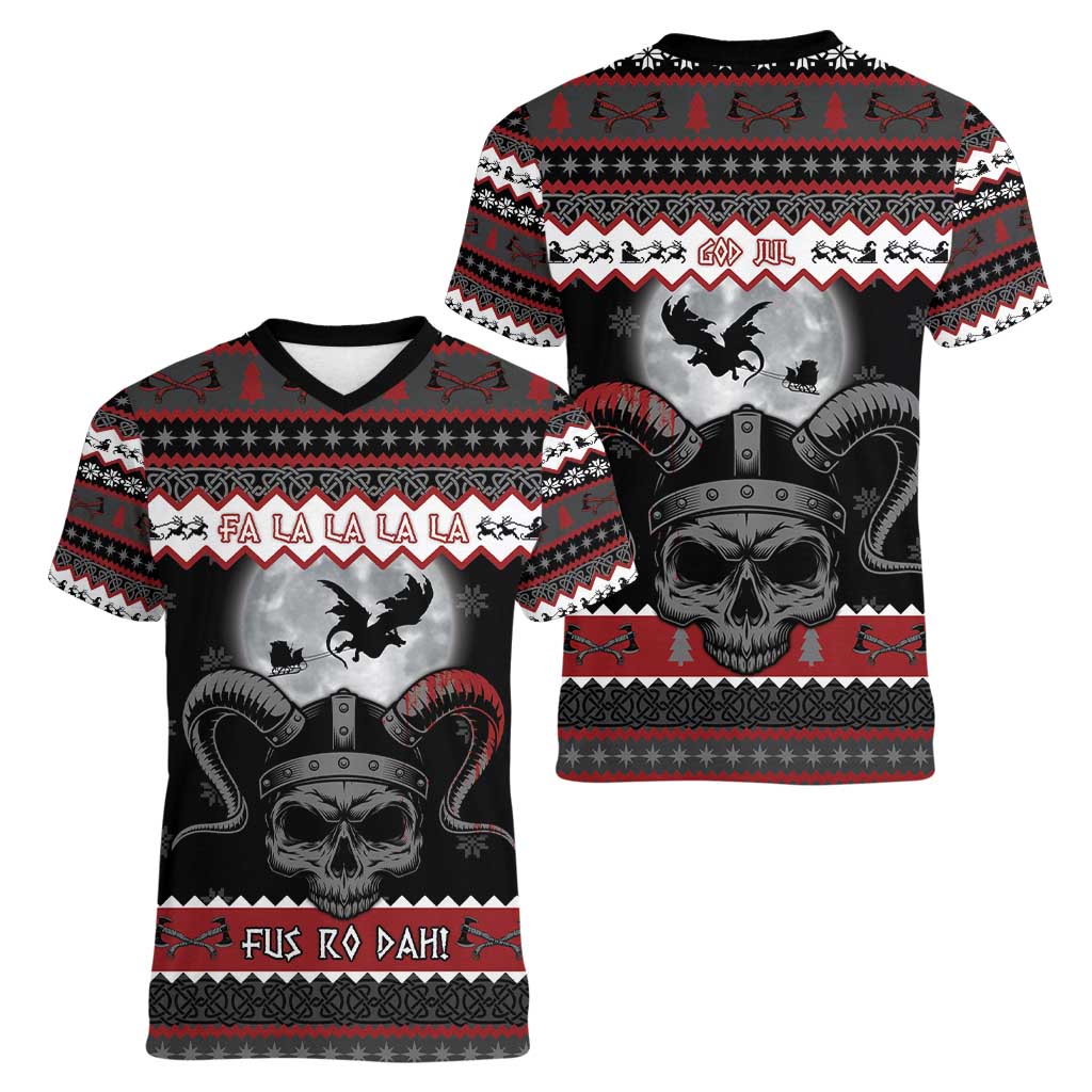 Vikings Christmas Women V-Neck T-Shirt Fa La La La Fus Ro Dah - Wonder Print Shop