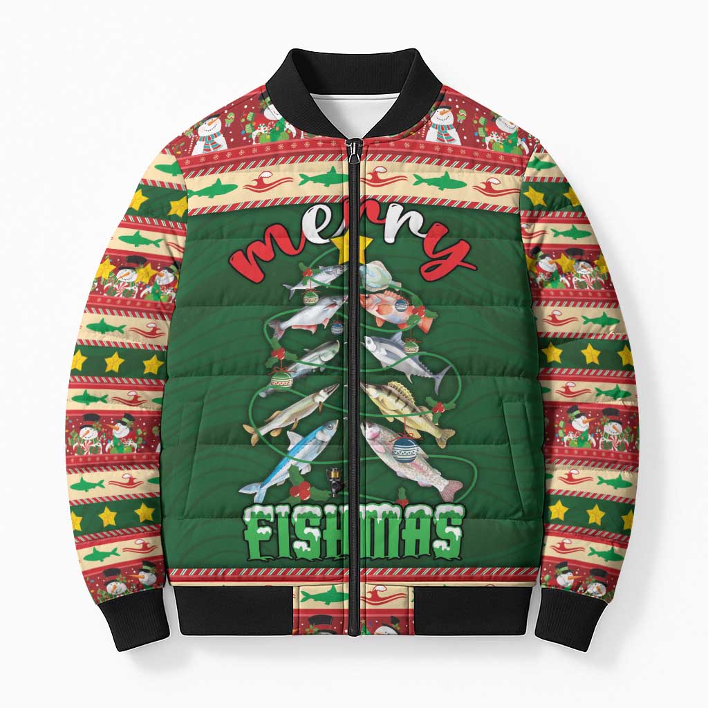 Fishing Christmas Bomber Puffer Jacket Merry Fishmas - Wonder Print Shop