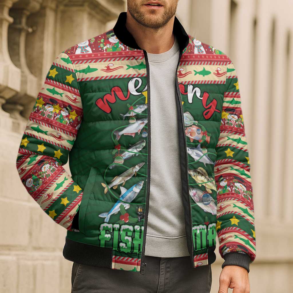 Fishing Christmas Bomber Puffer Jacket Merry Fishmas - Wonder Print Shop