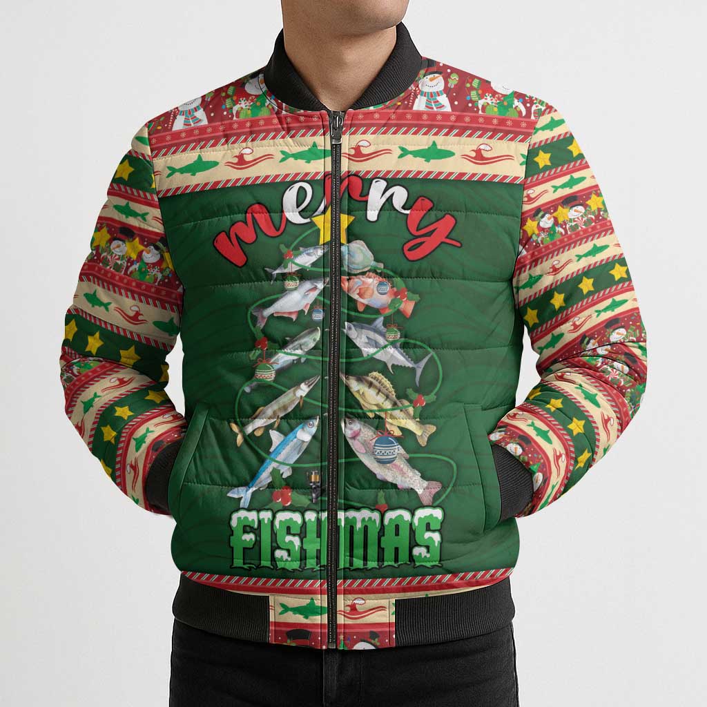Fishing Christmas Bomber Puffer Jacket Merry Fishmas - Wonder Print Shop
