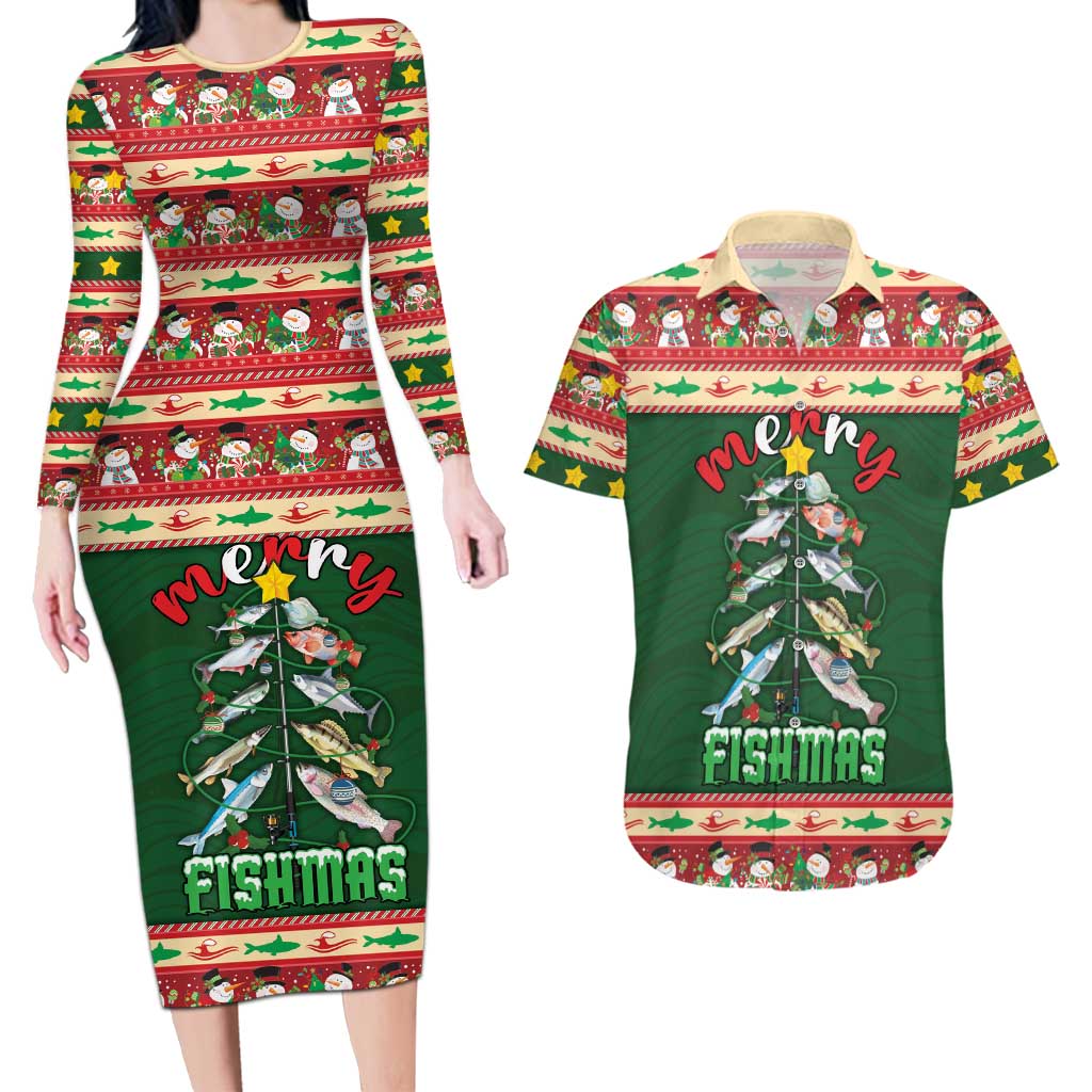 Fishing Christmas Couples Matching Long Sleeve Bodycon Dress and Hawaiian Shirt Merry Fishmas - Wonder Print Shop