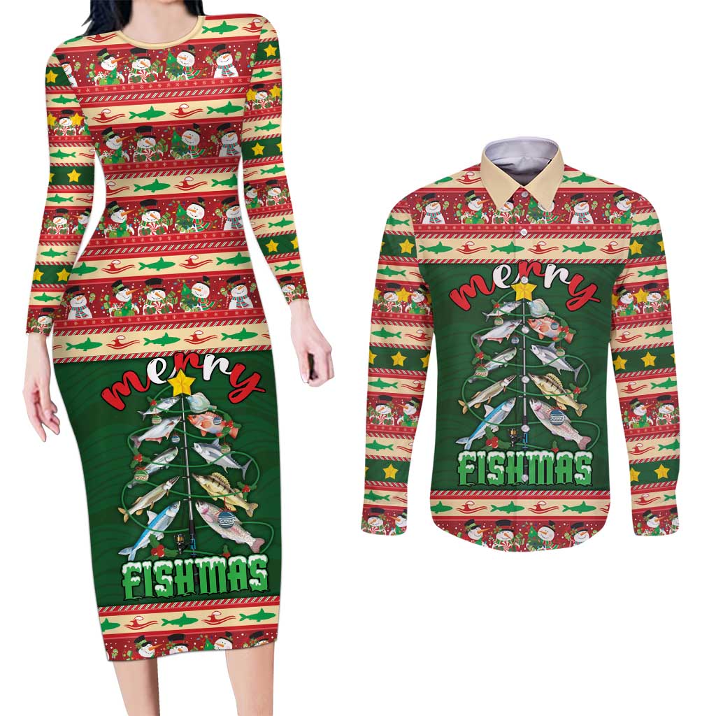 Fishing Christmas Couples Matching Long Sleeve Bodycon Dress and Long Sleeve Button Shirt Merry Fishmas - Wonder Print Shop