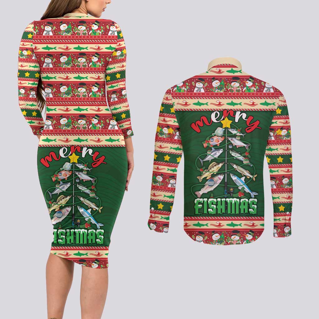 Fishing Christmas Couples Matching Long Sleeve Bodycon Dress and Long Sleeve Button Shirt Merry Fishmas - Wonder Print Shop