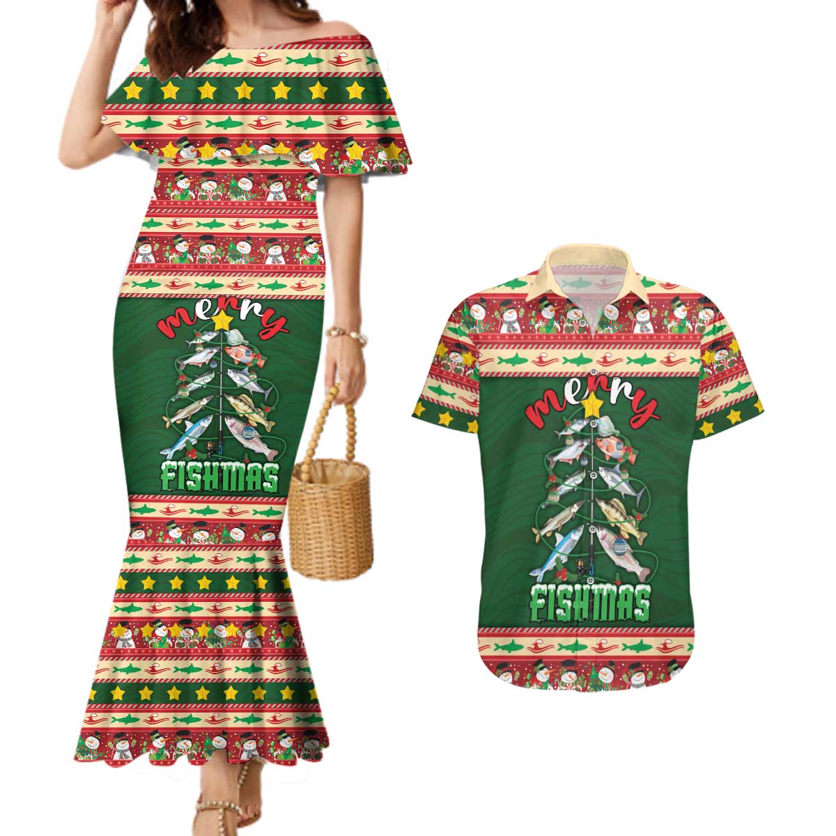 Fishing Christmas Couples Matching Mermaid Dress and Hawaiian Shirt Merry Fishmas - Wonder Print Shop