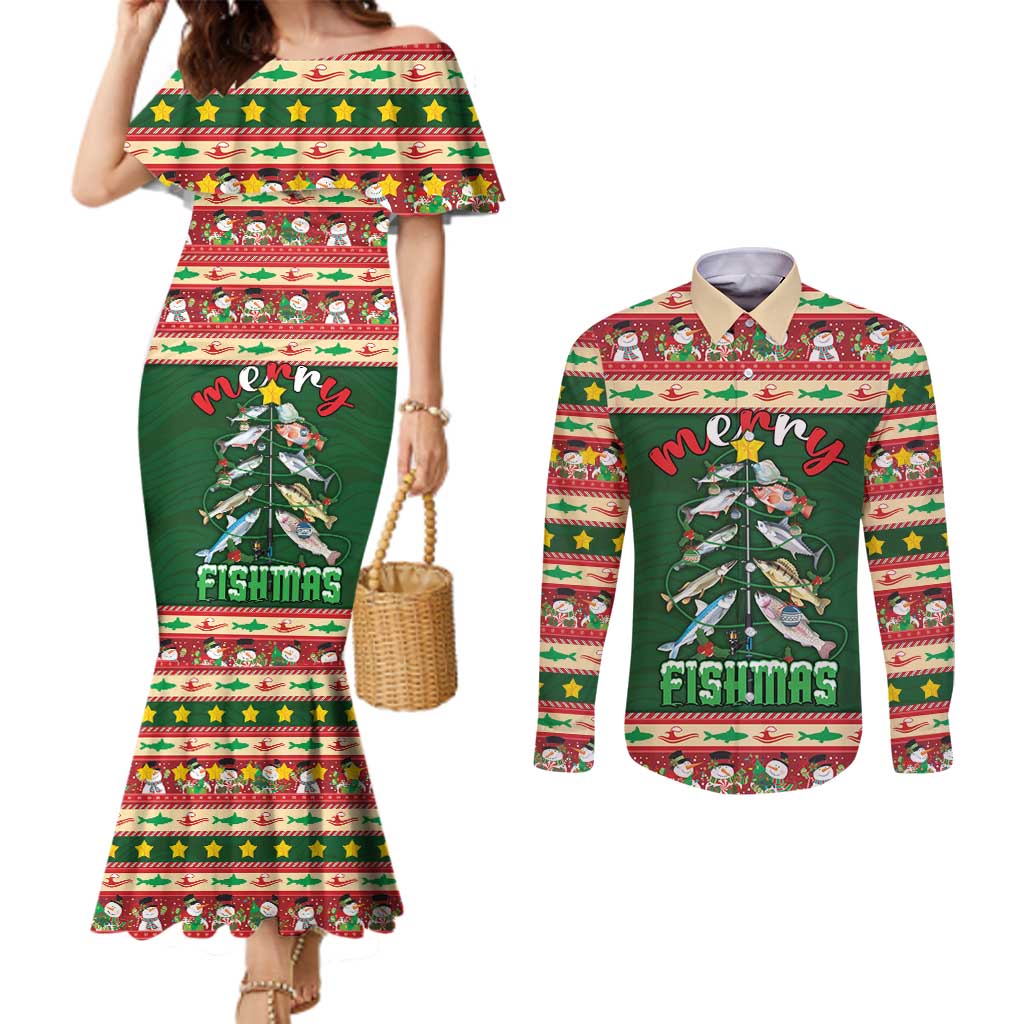 Fishing Christmas Couples Matching Mermaid Dress and Long Sleeve Button Shirt Merry Fishmas - Wonder Print Shop