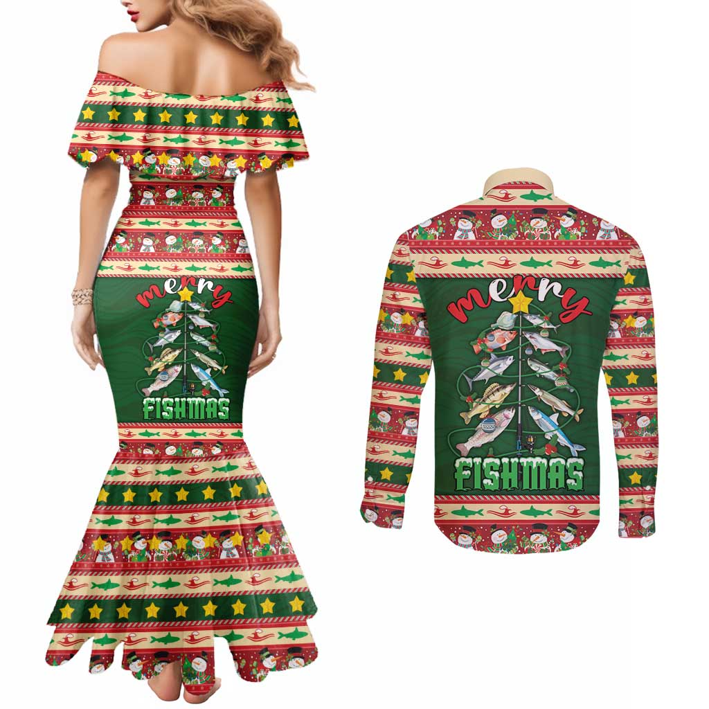 Fishing Christmas Couples Matching Mermaid Dress and Long Sleeve Button Shirt Merry Fishmas - Wonder Print Shop