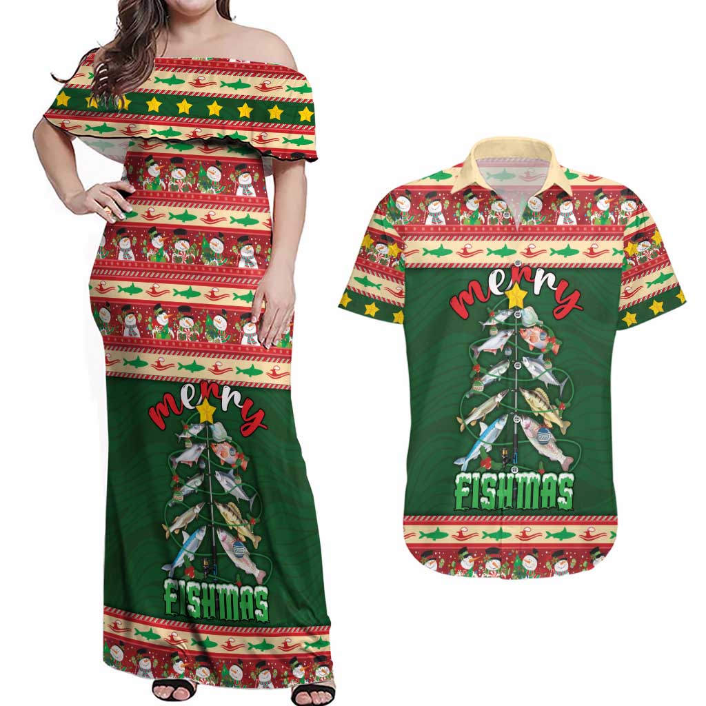 Fishing Christmas Couples Matching Off Shoulder Maxi Dress and Hawaiian Shirt Merry Fishmas - Wonder Print Shop