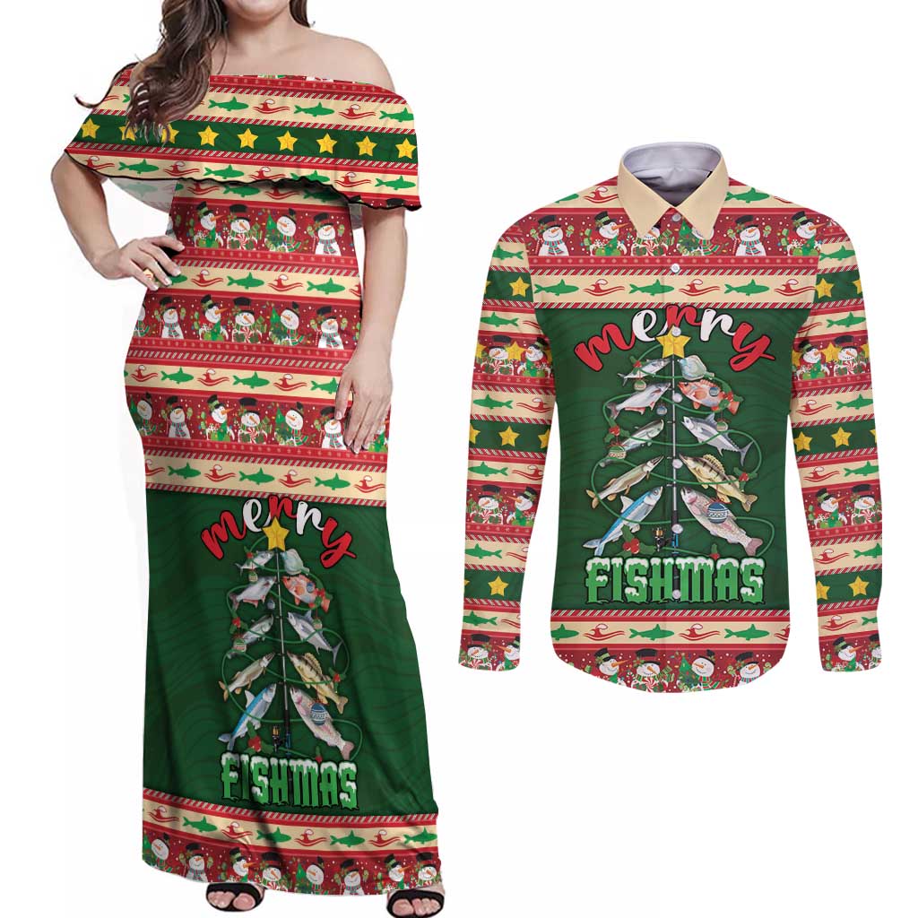 Fishing Christmas Couples Matching Off Shoulder Maxi Dress and Long Sleeve Button Shirt Merry Fishmas - Wonder Print Shop