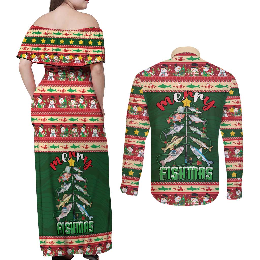 Fishing Christmas Couples Matching Off Shoulder Maxi Dress and Long Sleeve Button Shirt Merry Fishmas - Wonder Print Shop