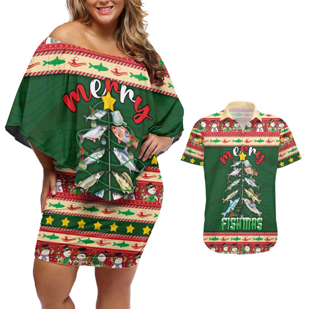 Fishing Christmas Couples Matching Off Shoulder Short Dress and Hawaiian Shirt Merry Fishmas - Wonder Print Shop