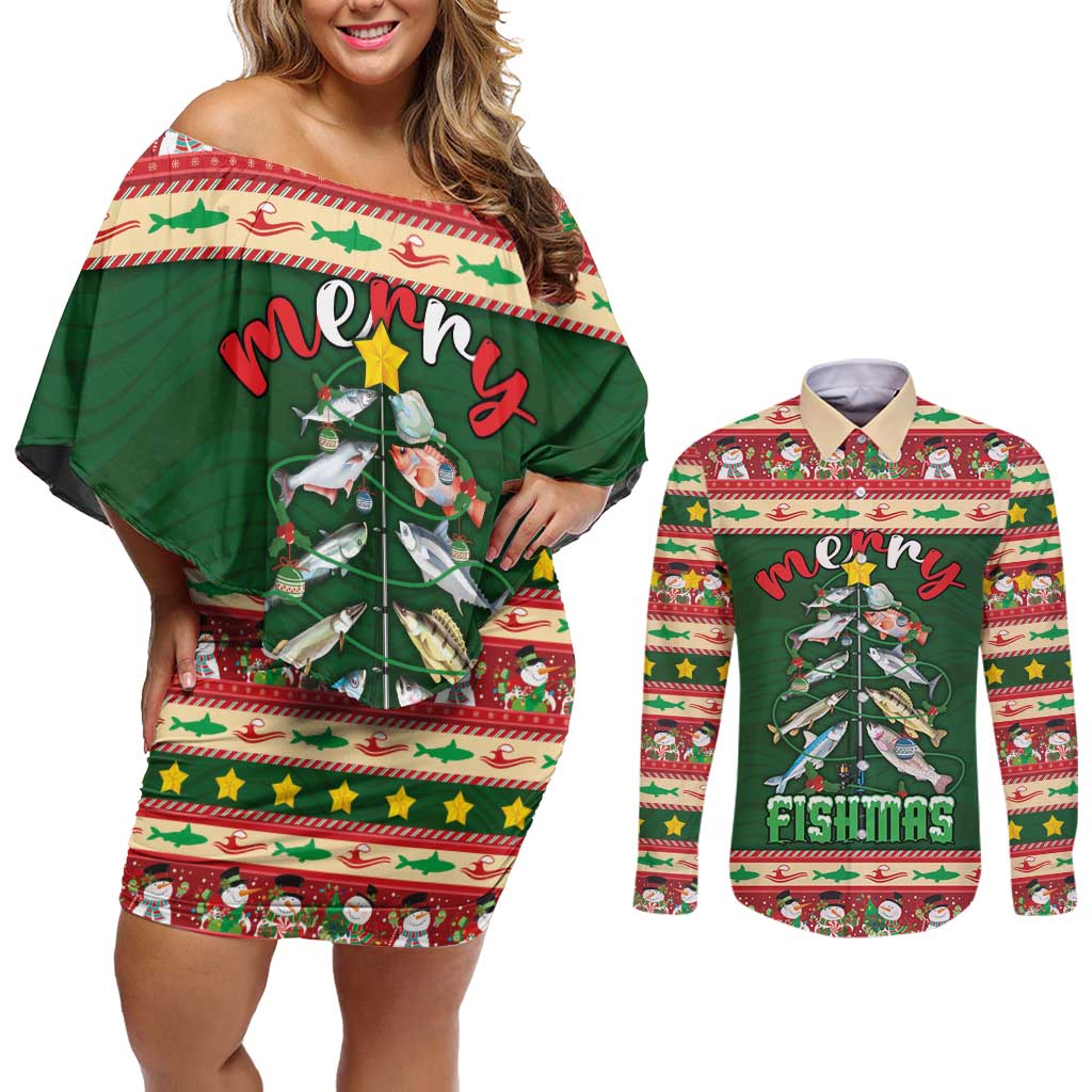 Fishing Christmas Couples Matching Off Shoulder Short Dress and Long Sleeve Button Shirt Merry Fishmas - Wonder Print Shop