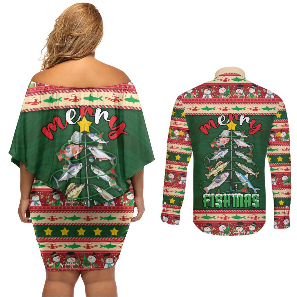 Fishing Christmas Couples Matching Off Shoulder Short Dress and Long Sleeve Button Shirt Merry Fishmas - Wonder Print Shop