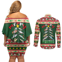 Fishing Christmas Couples Matching Off Shoulder Short Dress and Long Sleeve Button Shirt Merry Fishmas - Wonder Print Shop
