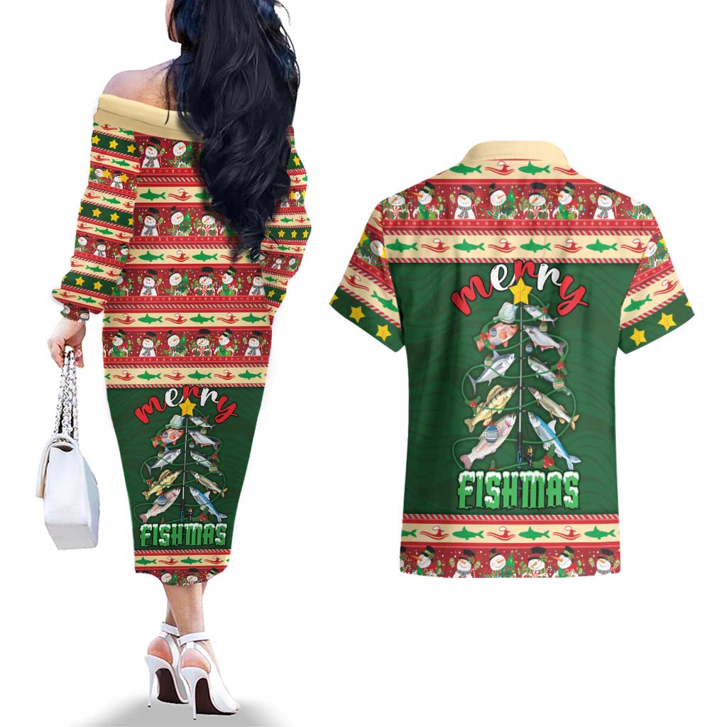 Fishing Christmas Couples Matching Off The Shoulder Long Sleeve Dress and Hawaiian Shirt Merry Fishmas - Wonder Print Shop