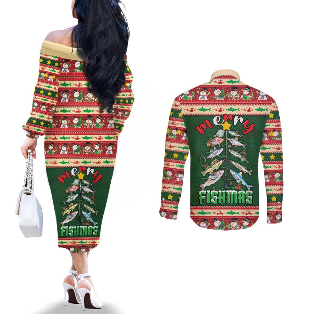 Fishing Christmas Couples Matching Off The Shoulder Long Sleeve Dress and Long Sleeve Button Shirt Merry Fishmas - Wonder Print Shop