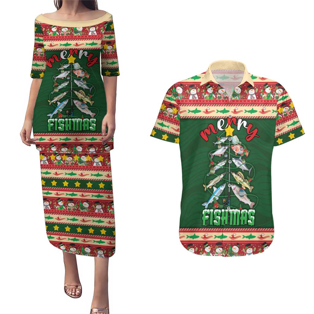 Fishing Christmas Couples Matching Puletasi and Hawaiian Shirt Merry Fishmas - Wonder Print Shop