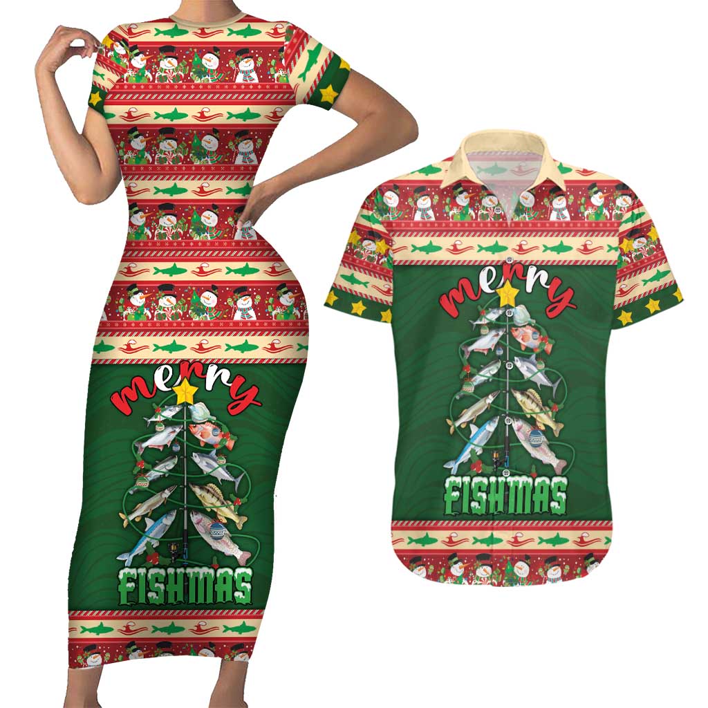 Fishing Christmas Couples Matching Short Sleeve Bodycon Dress and Hawaiian Shirt Merry Fishmas - Wonder Print Shop