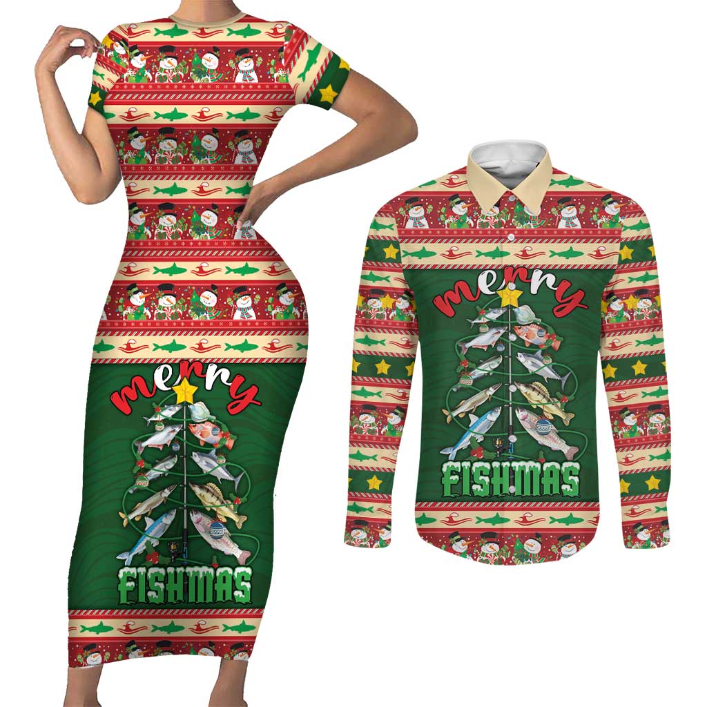 Fishing Christmas Couples Matching Short Sleeve Bodycon Dress and Long Sleeve Button Shirt Merry Fishmas - Wonder Print Shop