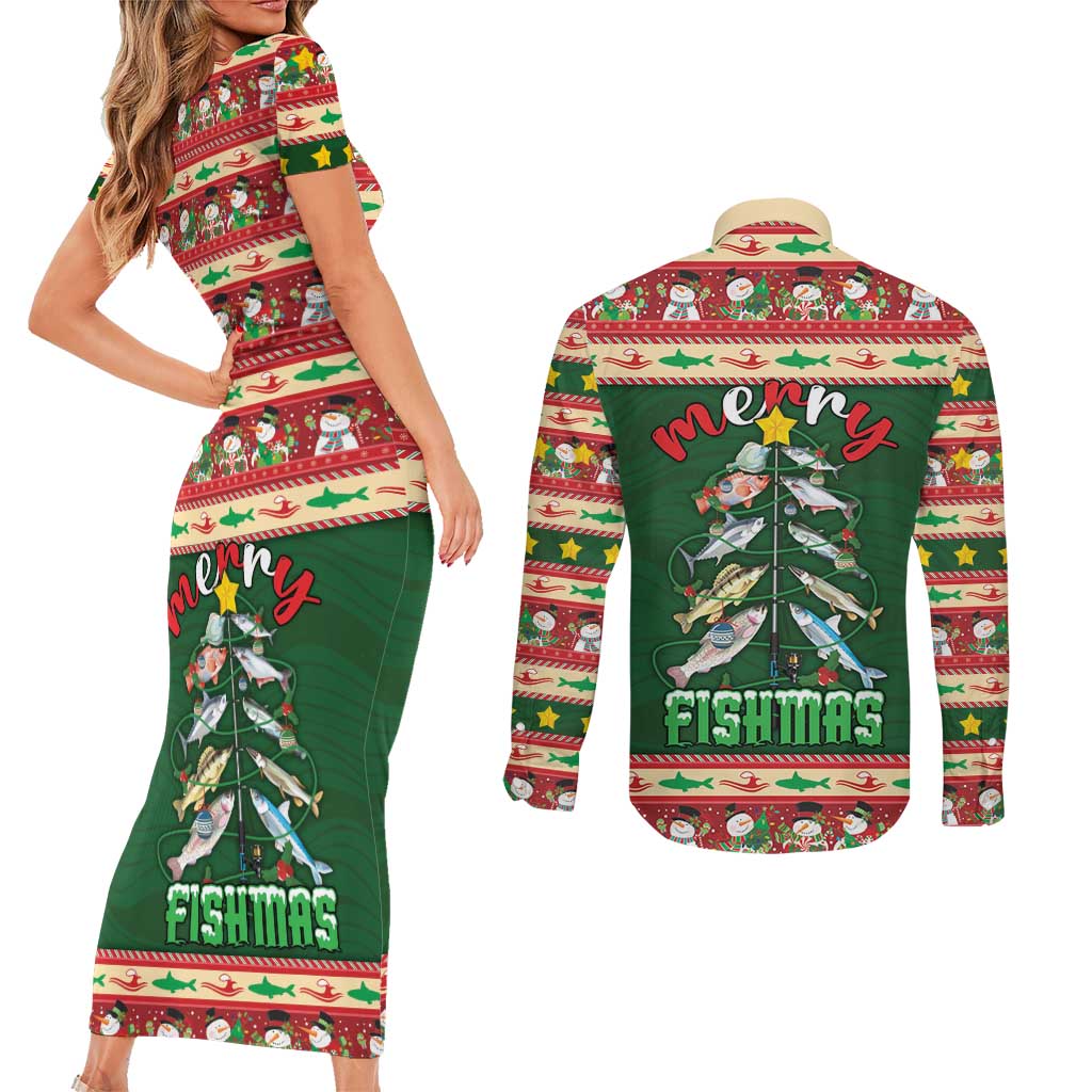 Fishing Christmas Couples Matching Short Sleeve Bodycon Dress and Long Sleeve Button Shirt Merry Fishmas - Wonder Print Shop