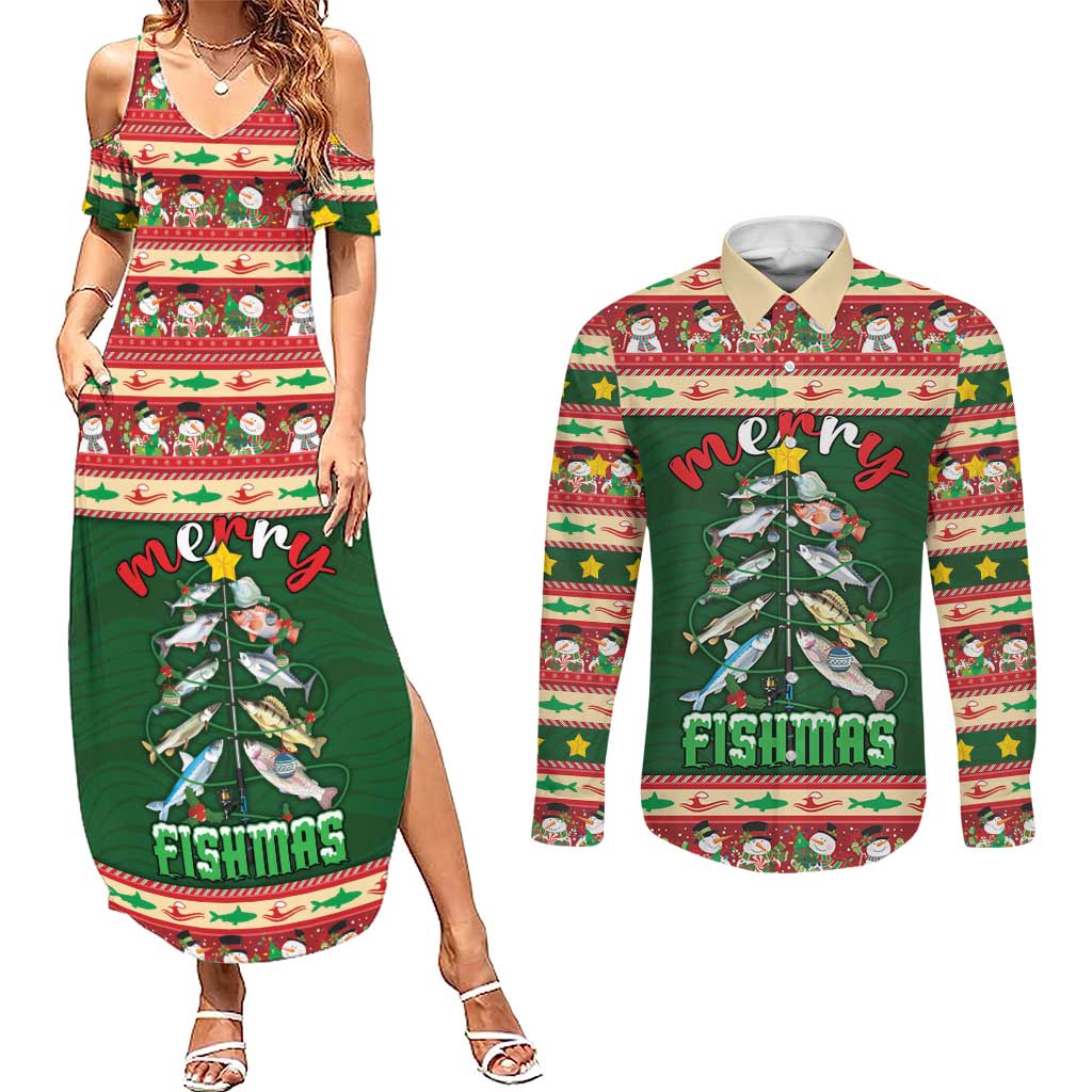 Fishing Christmas Couples Matching Summer Maxi Dress and Long Sleeve Button Shirt Merry Fishmas - Wonder Print Shop