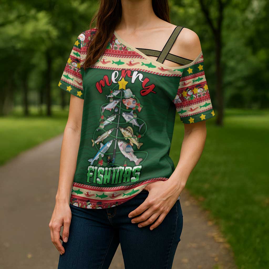 Fishing Christmas Cross Shoulder Shirt Merry Fishmas - Wonder Print Shop