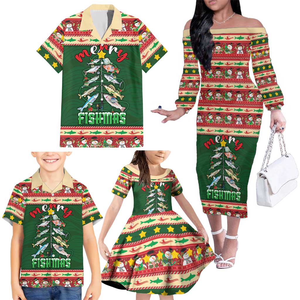 Fishing Christmas Family Matching Off The Shoulder Long Sleeve Dress and Hawaiian Shirt Merry Fishmas - Wonder Print Shop