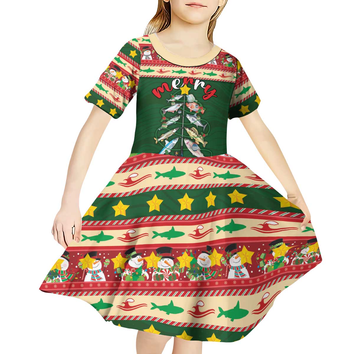 Fishing Christmas Kid Short Sleeve Dress Merry Fishmas - Wonder Print Shop