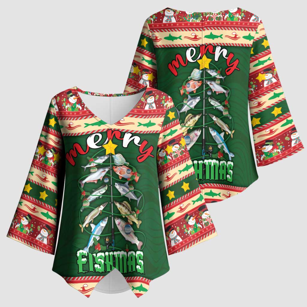 Fishing Christmas Kimono Sleeve Blouse Merry Fishmas - Wonder Print Shop
