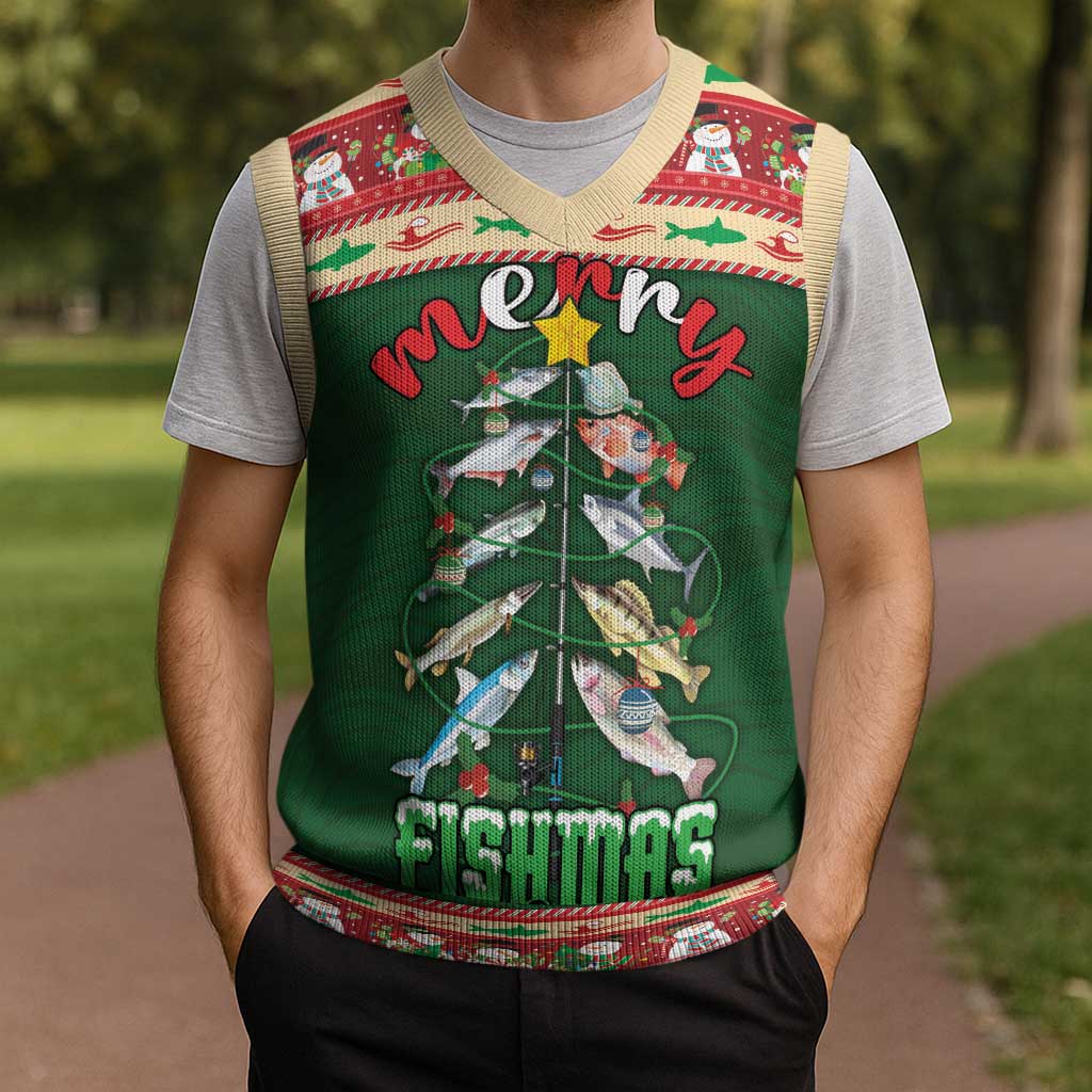 Fishing Christmas Knitted V-Neck Vest Merry Fishmas - Wonder Print Shop