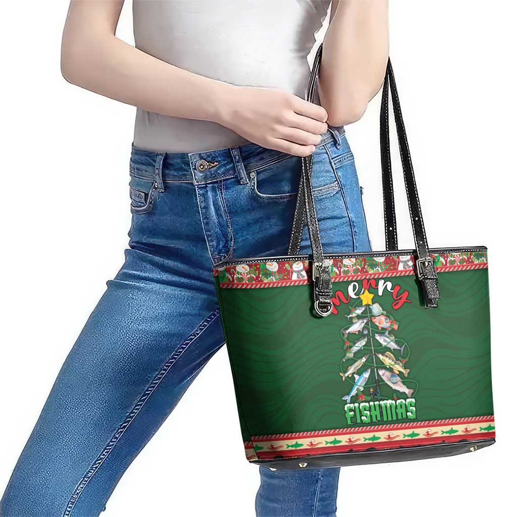 Fishing Christmas Leather Tote Bag Merry Fishmas - Wonder Print Shop