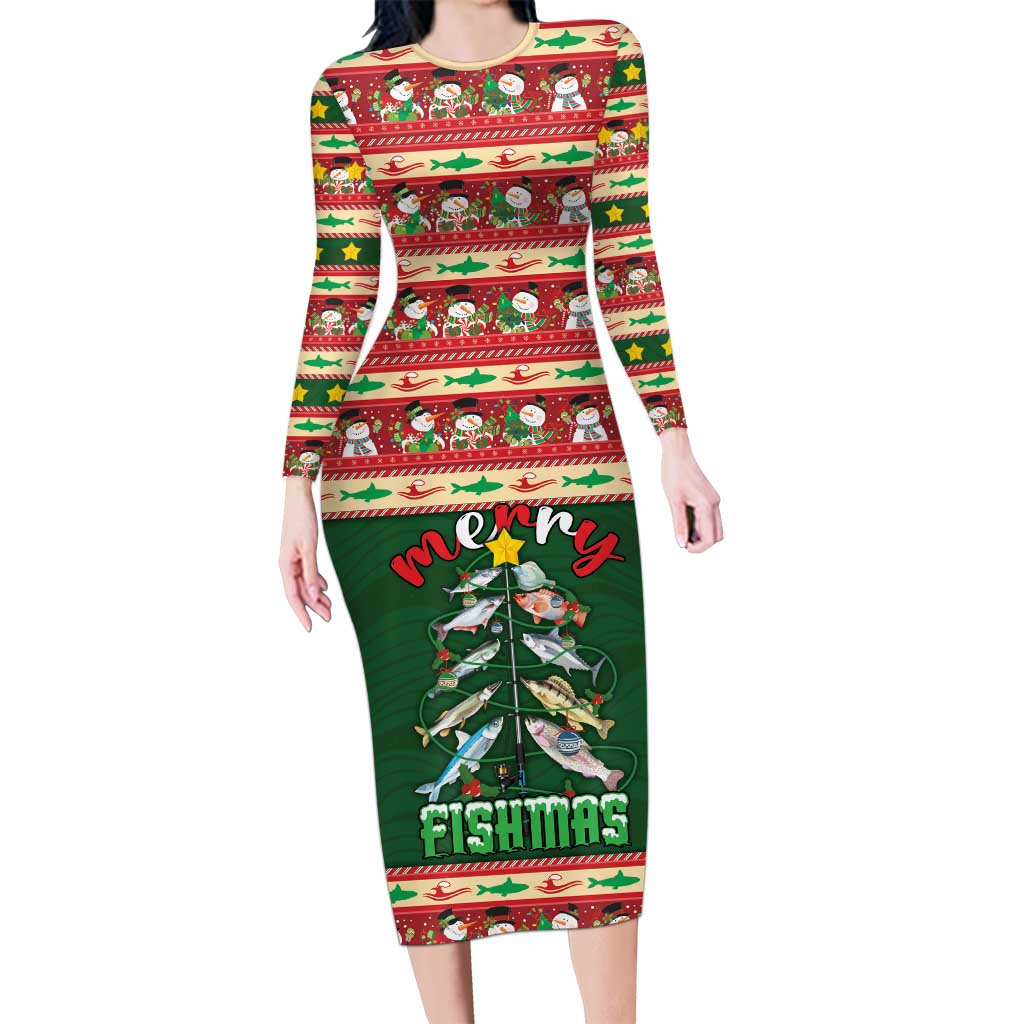 Fishing Christmas Long Sleeve Bodycon Dress Merry Fishmas - Wonder Print Shop