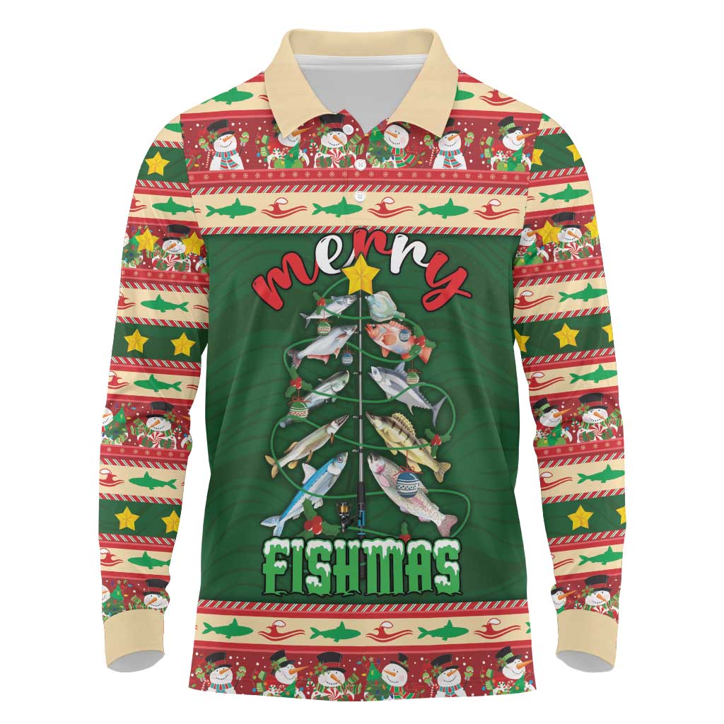 Fishing Christmas Long Sleeve Polo Shirt Merry Fishmas - Wonder Print Shop