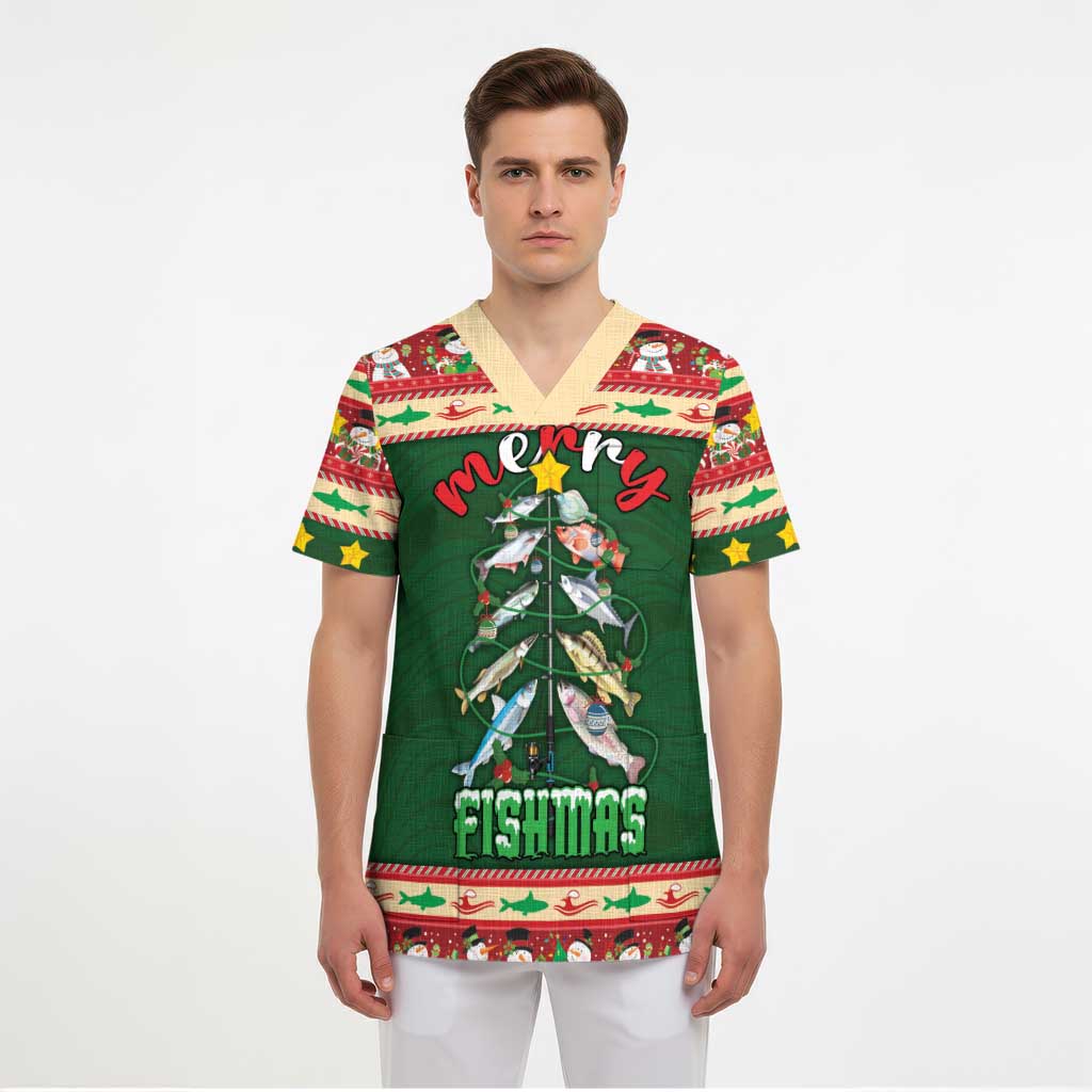 Fishing Christmas Scrub Top Merry Fishmas - Wonder Print Shop