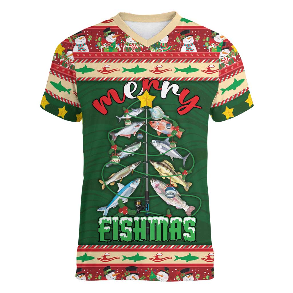 Fishing Christmas Women V-Neck T-Shirt Merry Fishmas - Wonder Print Shop