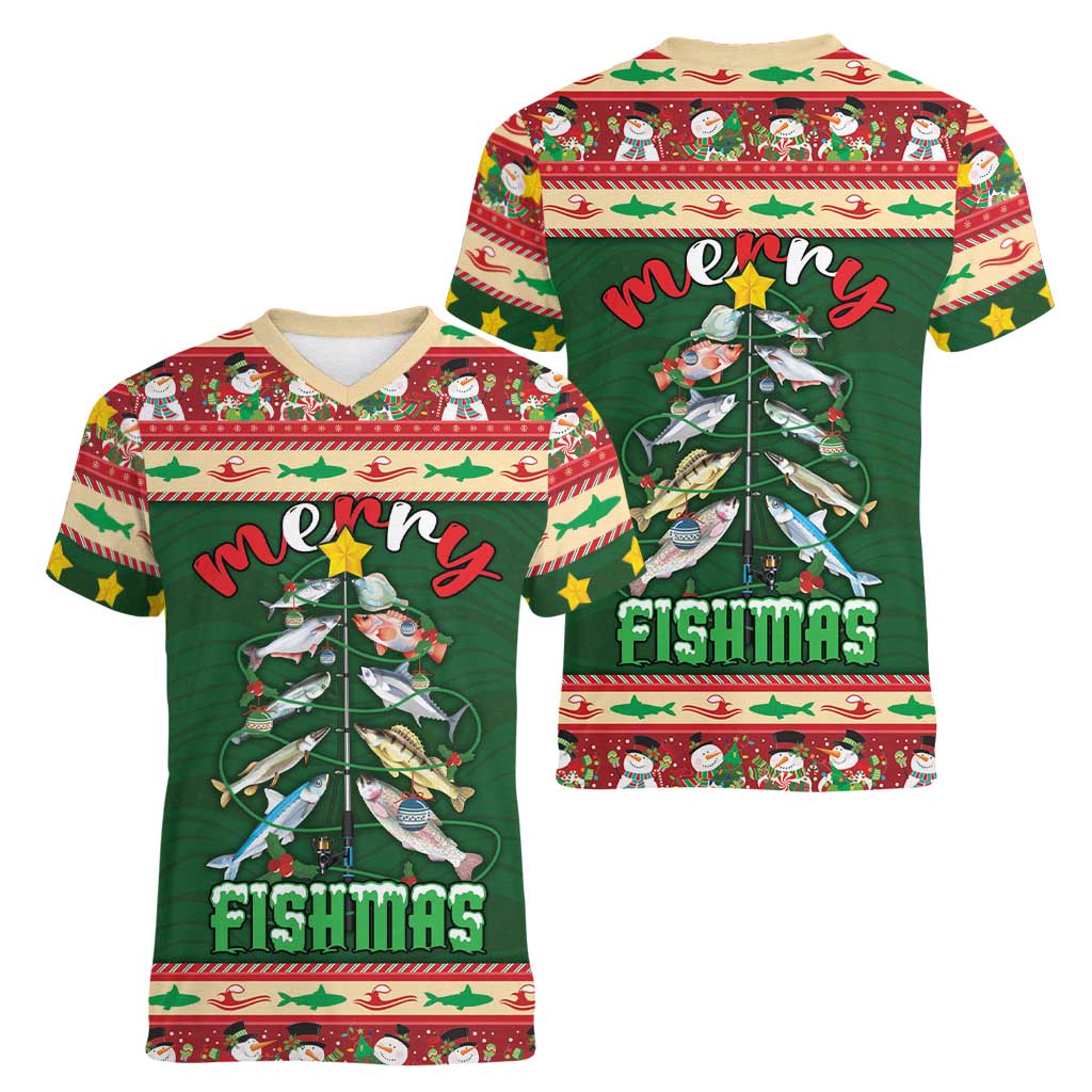 Fishing Christmas Women V-Neck T-Shirt Merry Fishmas - Wonder Print Shop