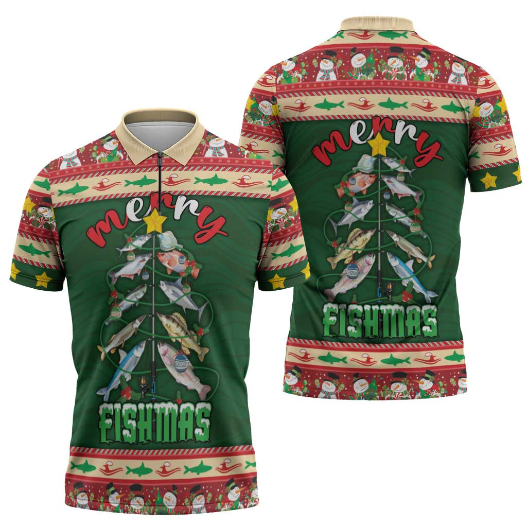 Fishing Christmas Zipper Polo Shirt Merry Fishmas - Wonder Print Shop