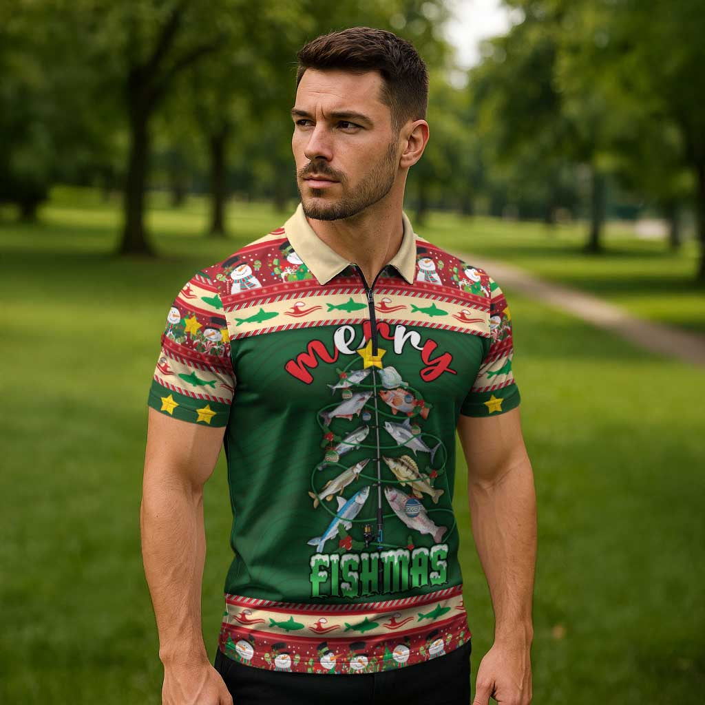 Fishing Christmas Zipper Polo Shirt Merry Fishmas - Wonder Print Shop