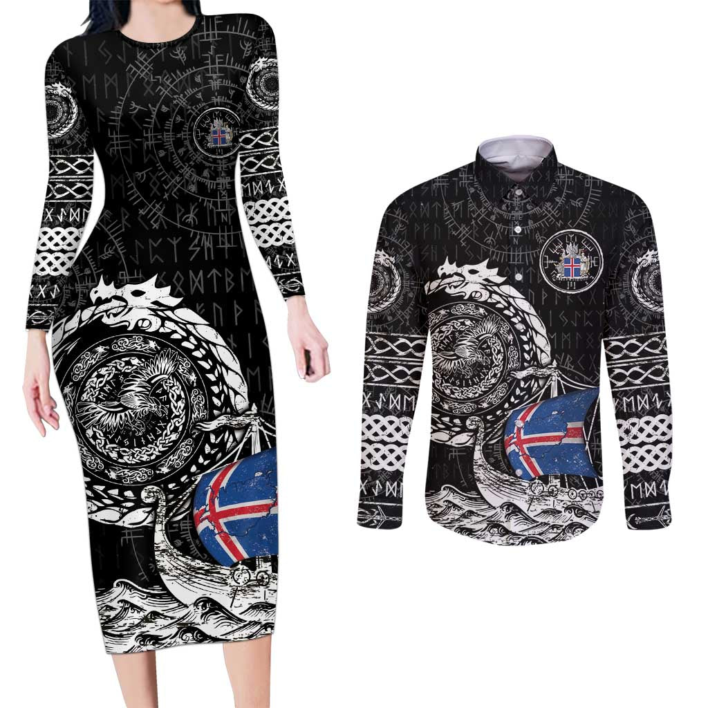 Personalized Viking Iceland Couples Matching Long Sleeve Bodycon Dress and Long Sleeve Button Shirt Icelander Viking Ship